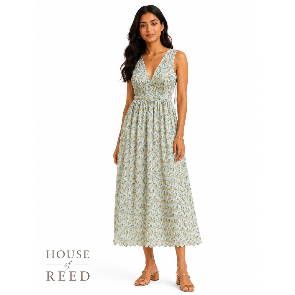Vestique Tomorrows Dream Dress Green Floral Plisse Midi V-Neck Cross Back Size M